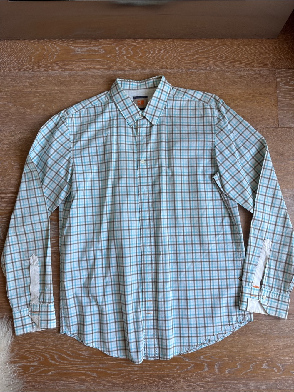 BOSS ORANGE Light Blue and Brown Plaid Button-Down Shirt